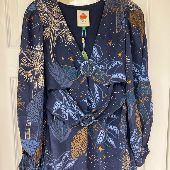 New FARM Rio Navy and Gold Tropical Leafy Long Sleeve Dress - Picture 7 of 11